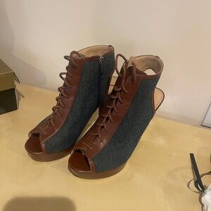 Marc Fisher Brown and Gray Peep-Toe Heels